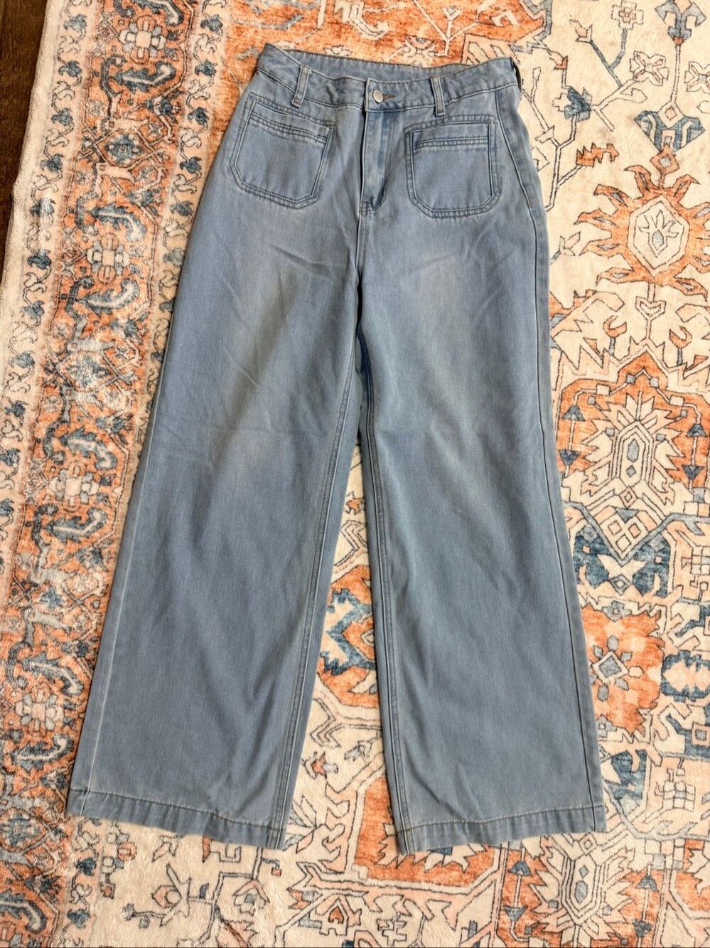 SHEIN High Rise Patch Pocket Wide Leg Jeans Light Blue Wash Women's Size 28